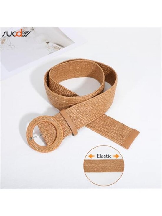 2 Pack Straw Woven Elastic Belt Braided Stretch Wide Boho Waist Belt,Brown Beige main image 7
